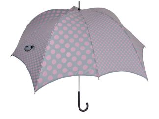 DiCesare Pumpkin umbrella Walker Double Dots Pink on Grey Wood Handle