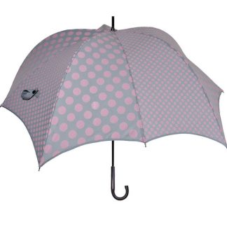 DiCesare Pumpkin umbrella Walker Double Dots Pink on Grey Wood Handle