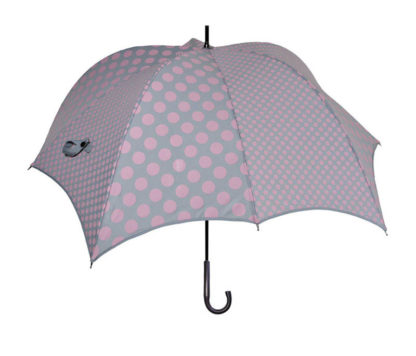 DiCesare Pumpkin umbrella Walker Double Dots Pink on Grey Wood Handle